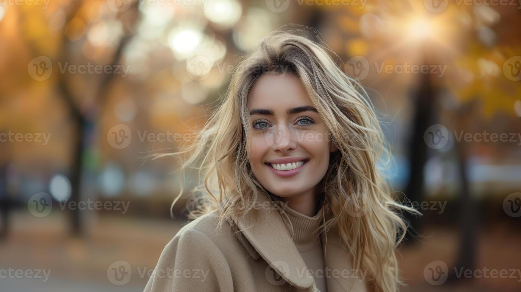 Beautiful 25-Year-Old Blonde Woman Smiling in a Fall Park Setting photo