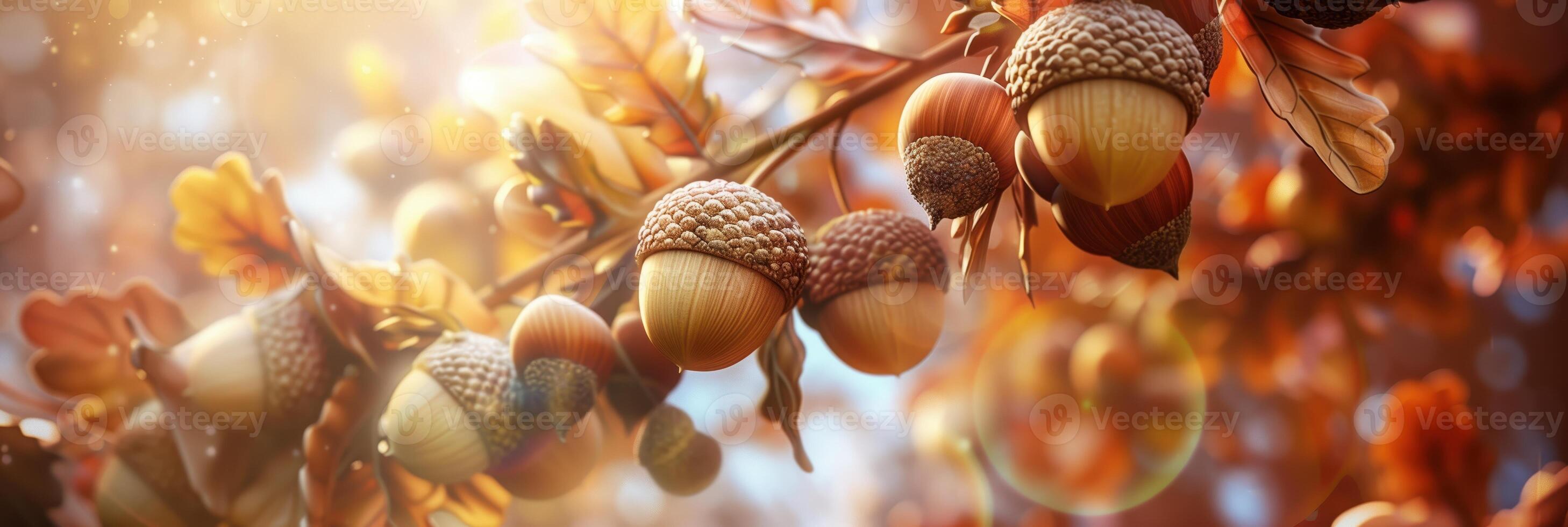 Beautiful Autumn Background with Acorns and Sunlit Bokeh Effect photo