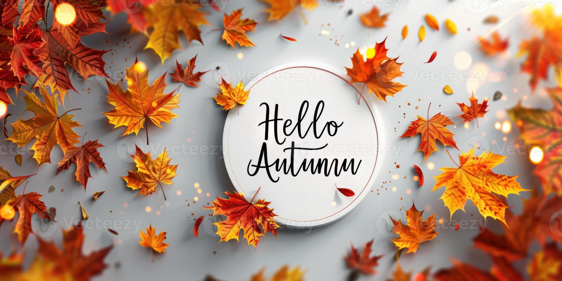 Hello Autumn Greeting with Colorful Autumn Leaves and Sparkling Lights photo
