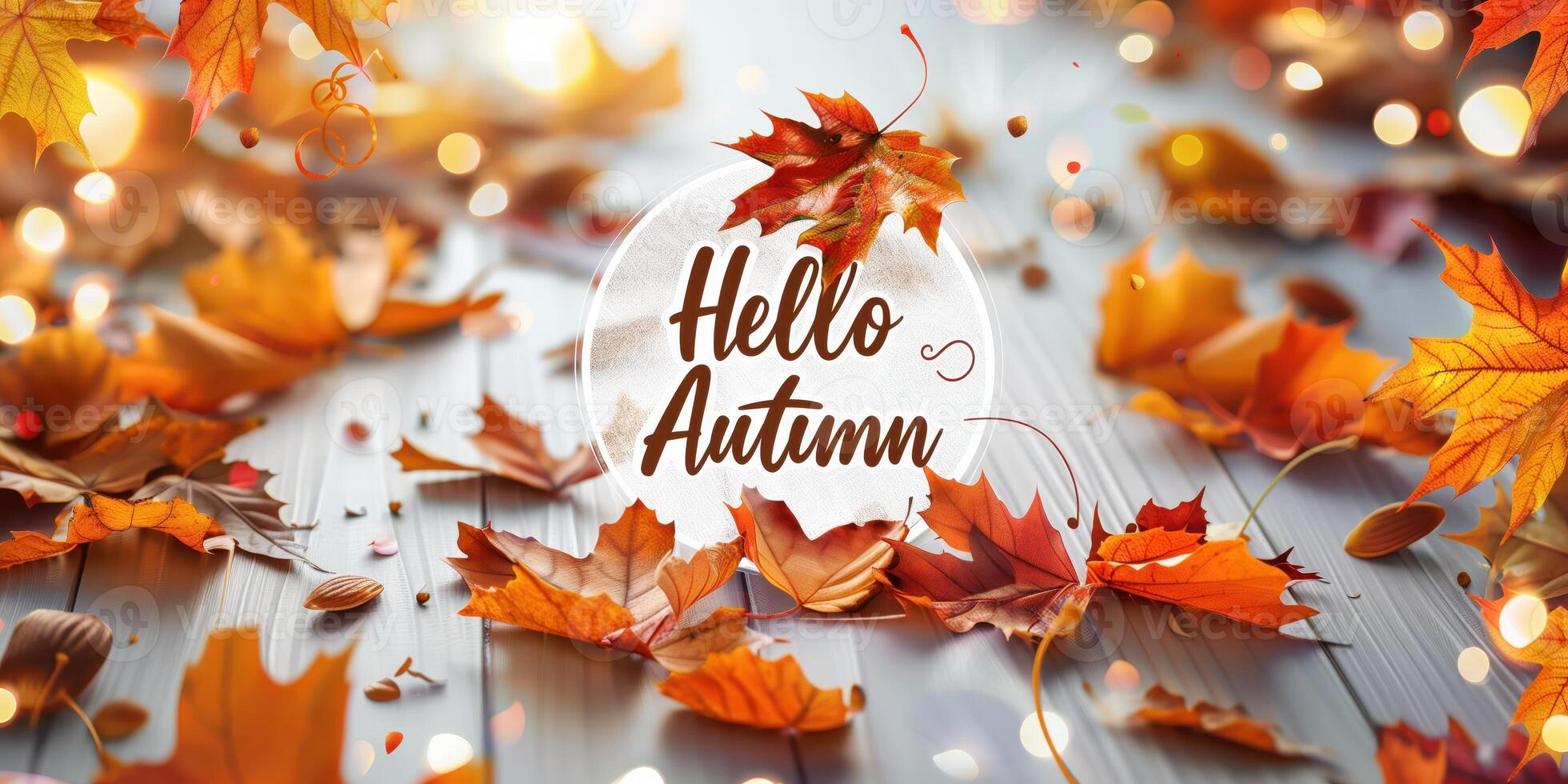 Hello Autumn Text Surrounded By Colorful Fall Leaves On Wooden Surface photo