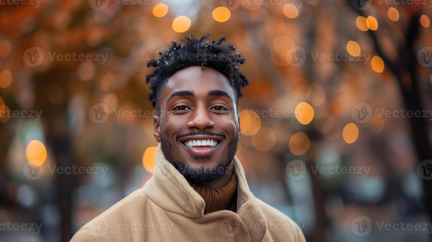 Smiling Young African American Man Outdoors in Autumn with Bokeh Background photo