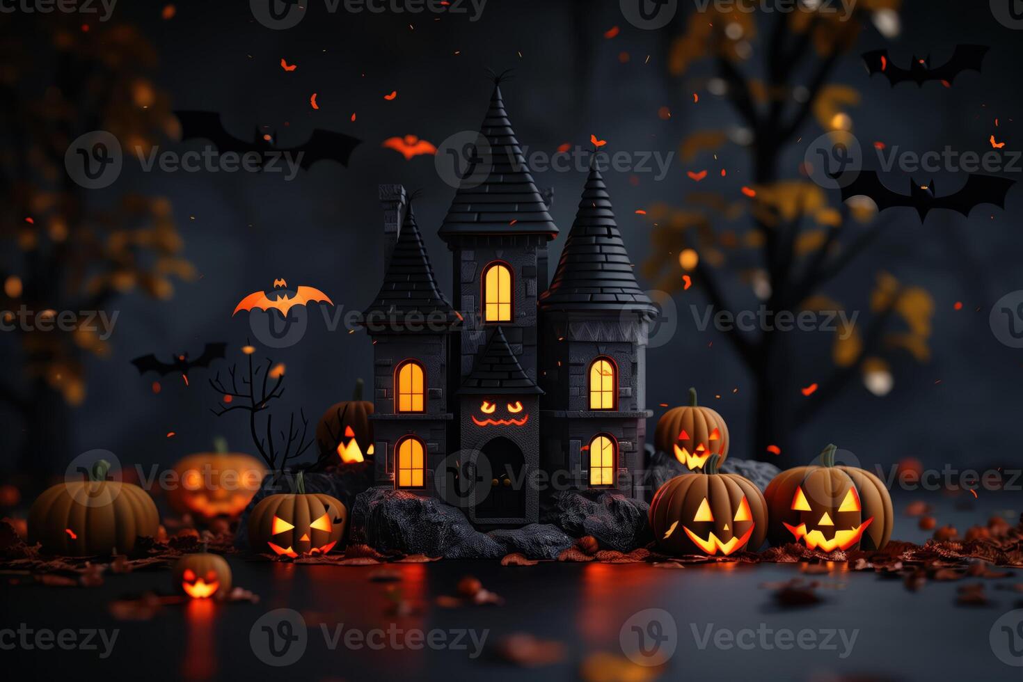 Spooky Halloween Scene with Haunted House, Jack-O'-Lanterns, and Bats at Night photo