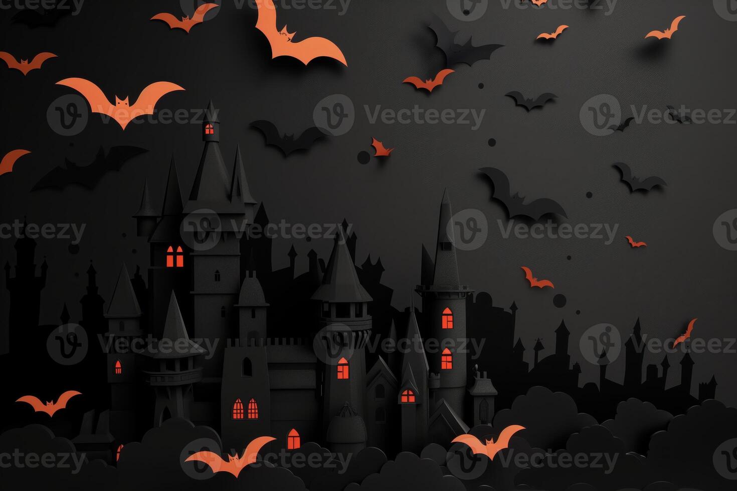 Spooky Halloween Castle with Flying Bats in Dark Night Sky photo