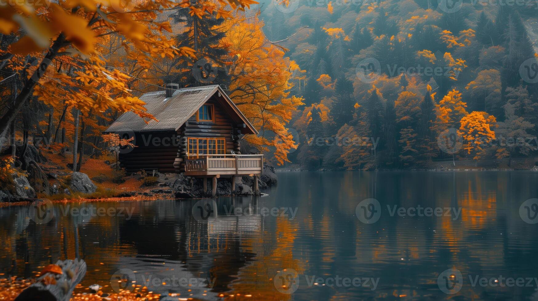 Scenic Autumn Landscape of a Wooden Cabin by a Tranquil Lake with Vibrant Foliage photo