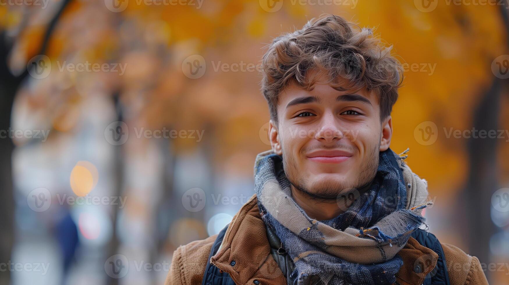 Portrait of a Smiling Young Man in Autumn Park with Colorful Foliage photo