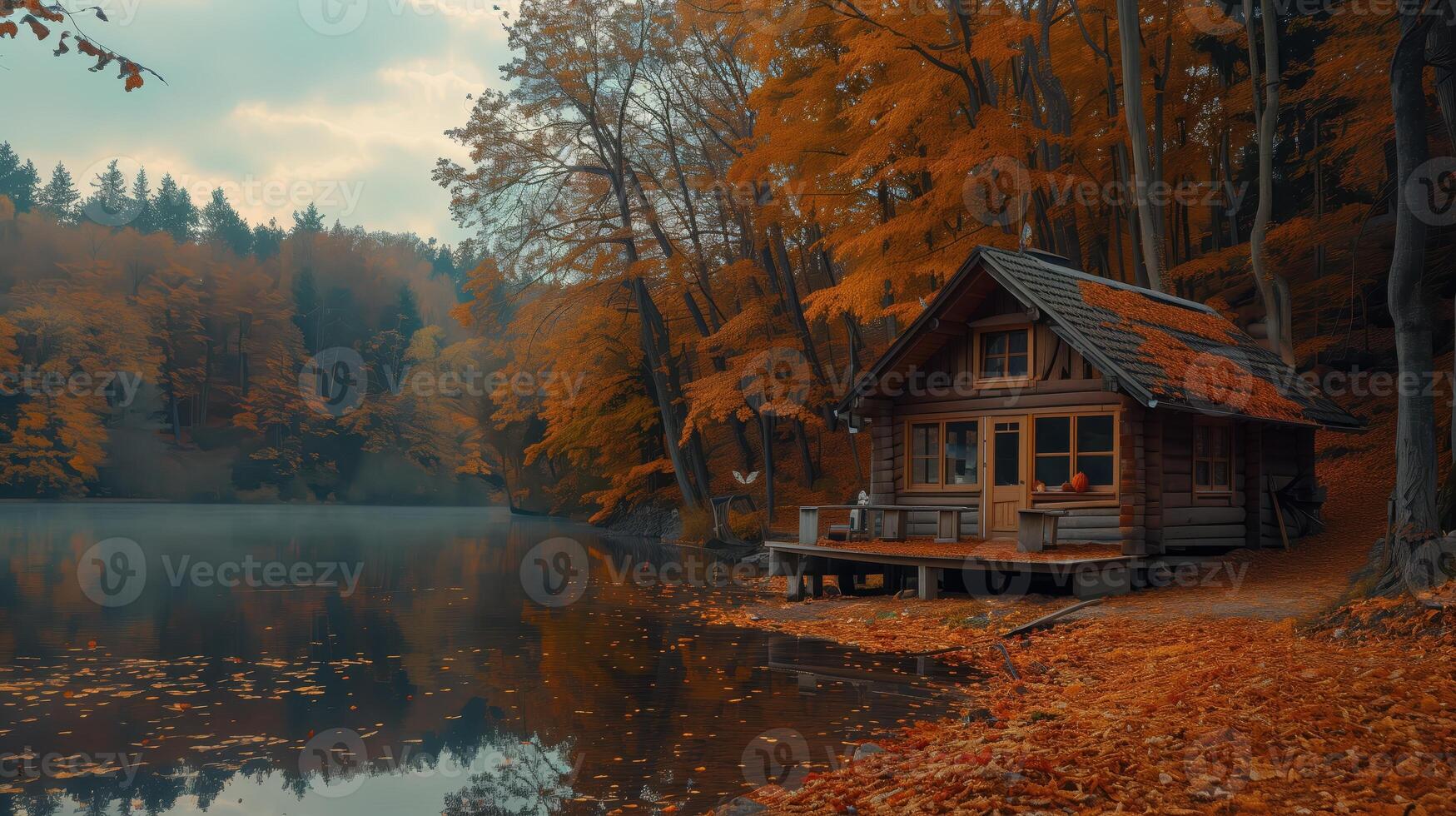 Cozy Wooden Cabin by a Tranquil Lake in an Autumn Forest photo