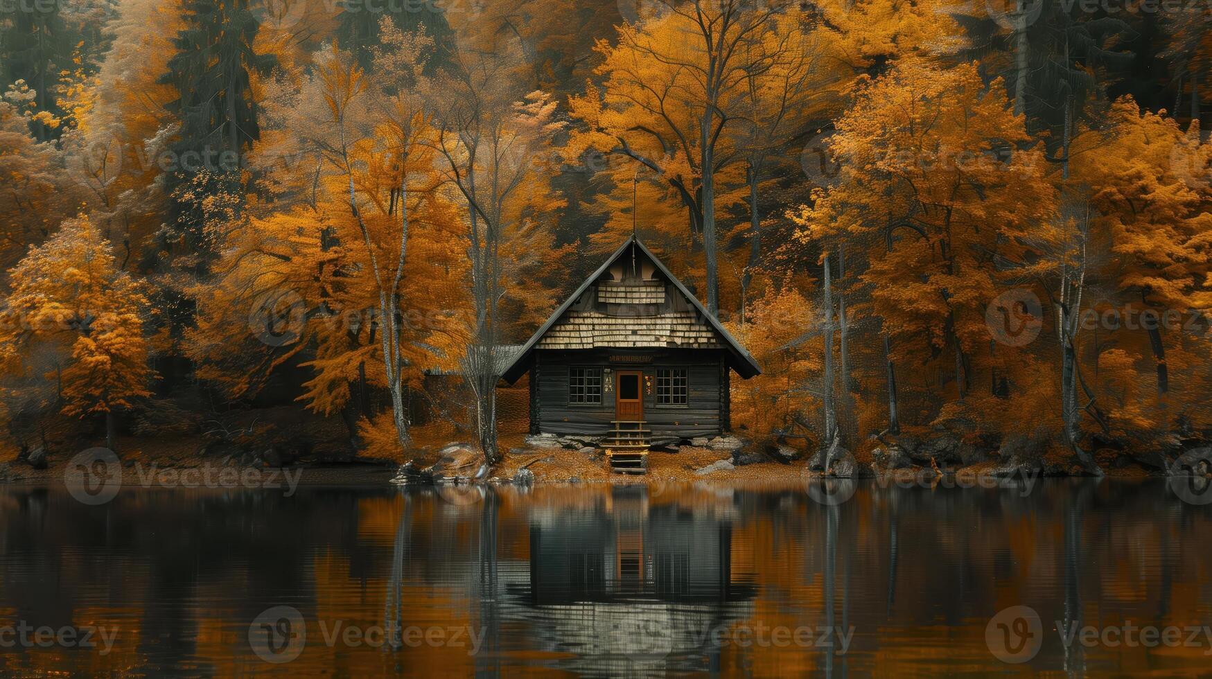 Charming Wooden Cabin By Autumn Lake Surrounded By Colorful Trees photo