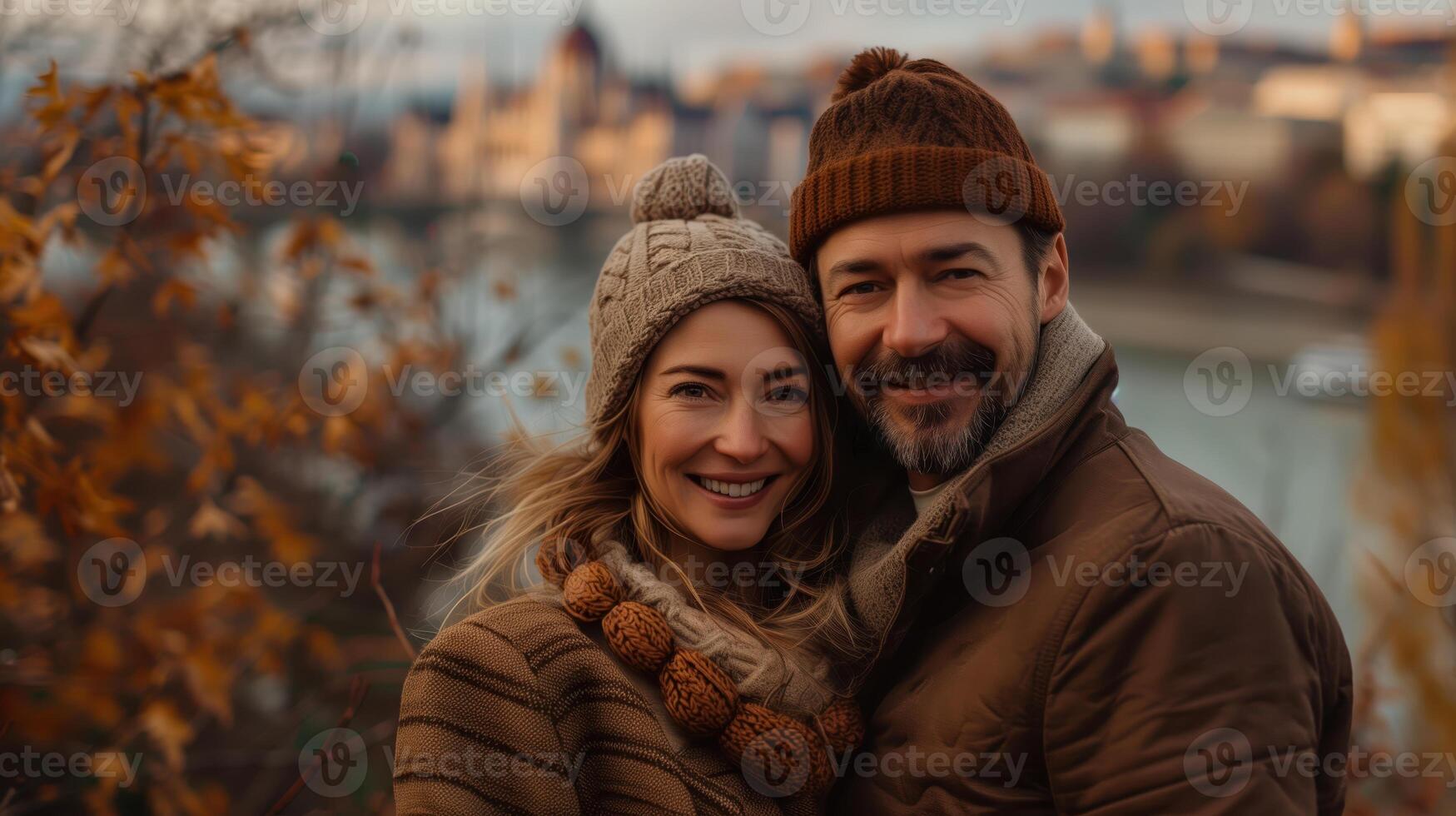 Happy Couple in Warm Clothing Enjoying Autumn Day in Hungary photo