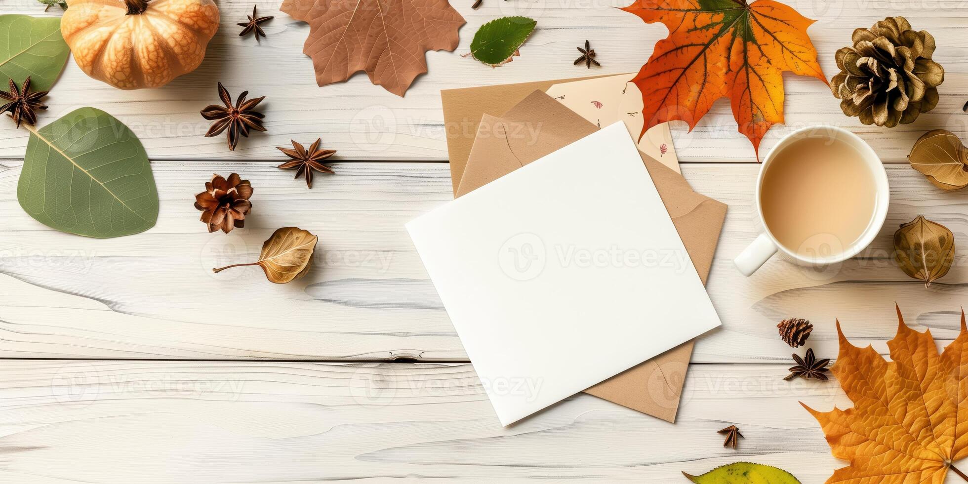 Autumn Greeting Card Mock-up with Fall Leaves, Coffee, and Pumpkin photo