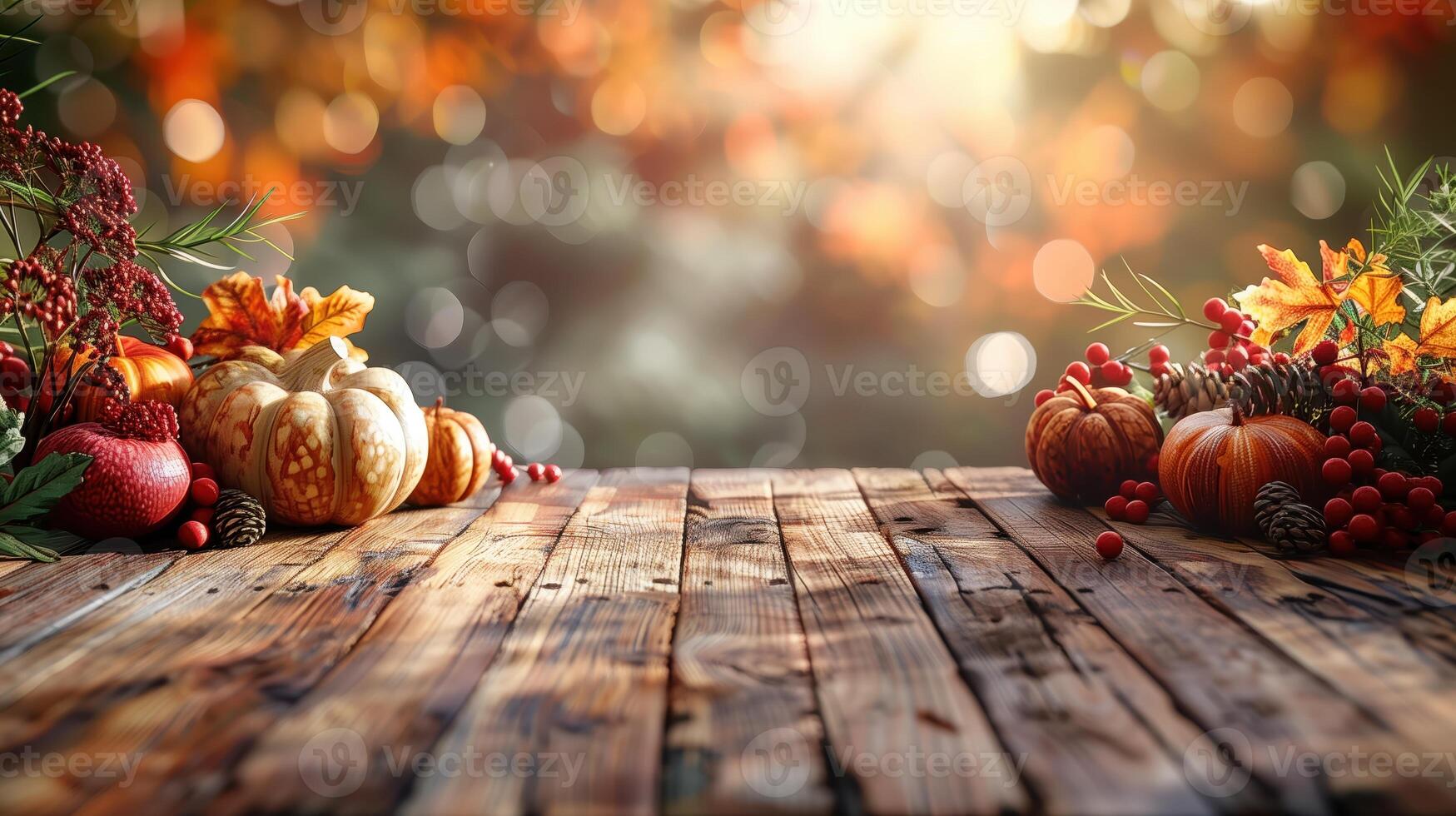 rústico de madera mesa decorado para acción de gracias con calabazas y otoño hojas foto