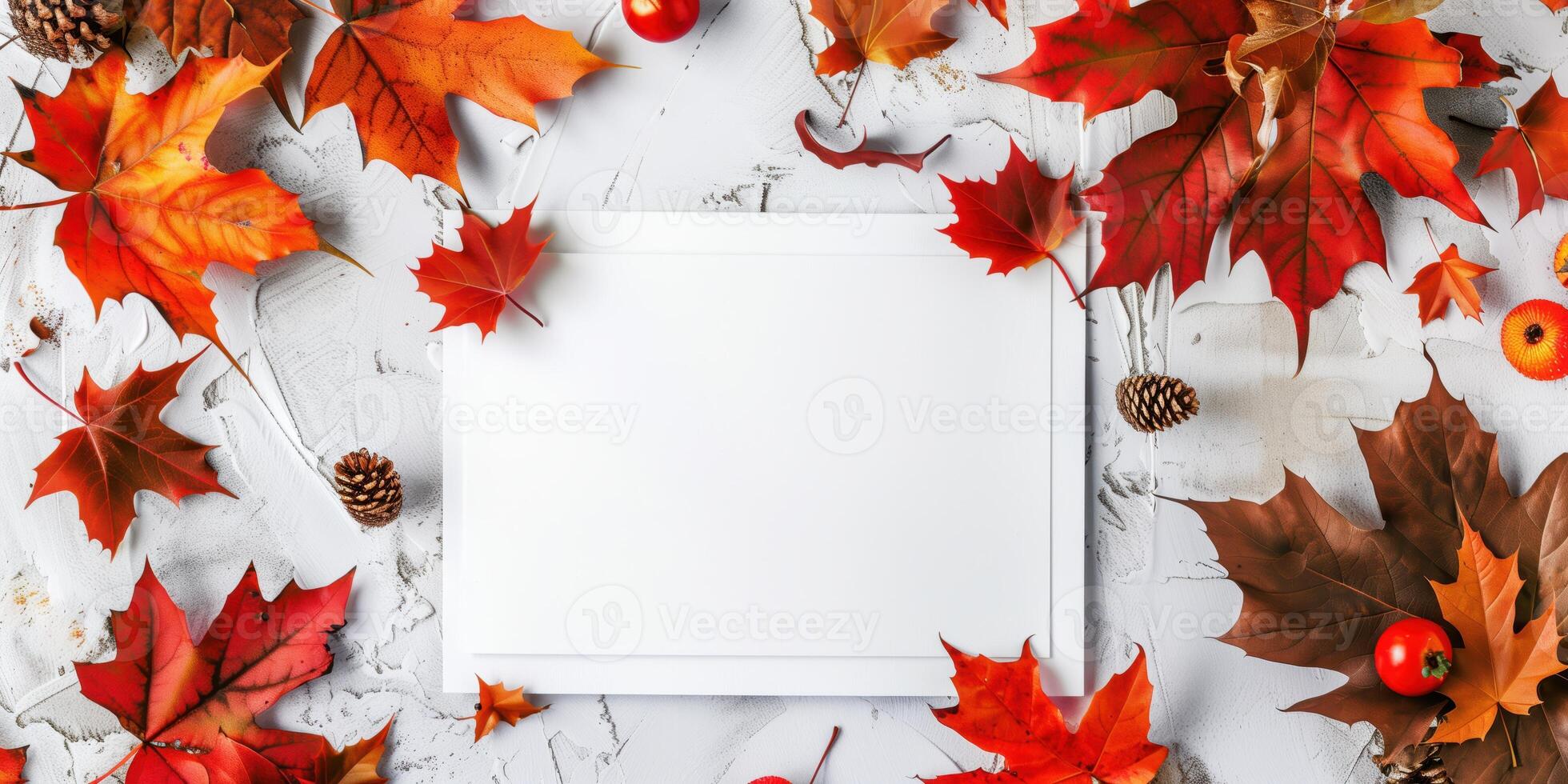 Autumn Mockup with Blank Card, Colorful Fall Leaves, and Pinecones photo