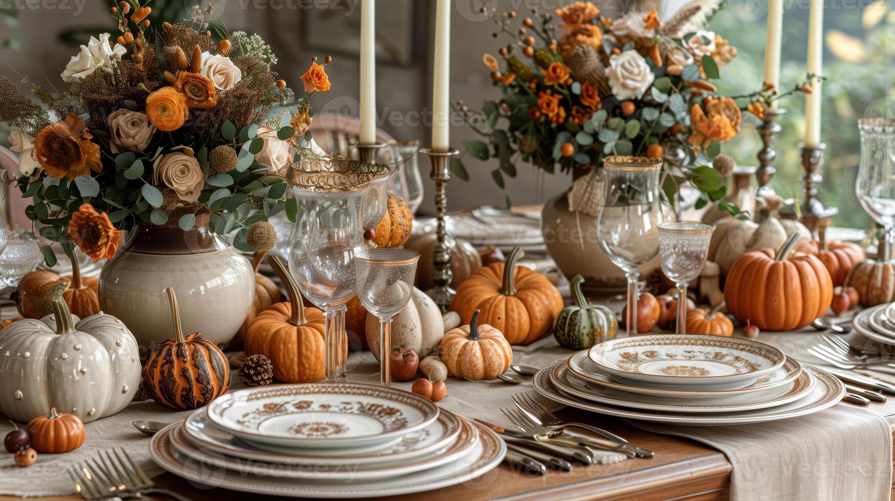 Elegant Thanksgiving Dinner Table Setting with Pumpkins and Floral Arrangements photo