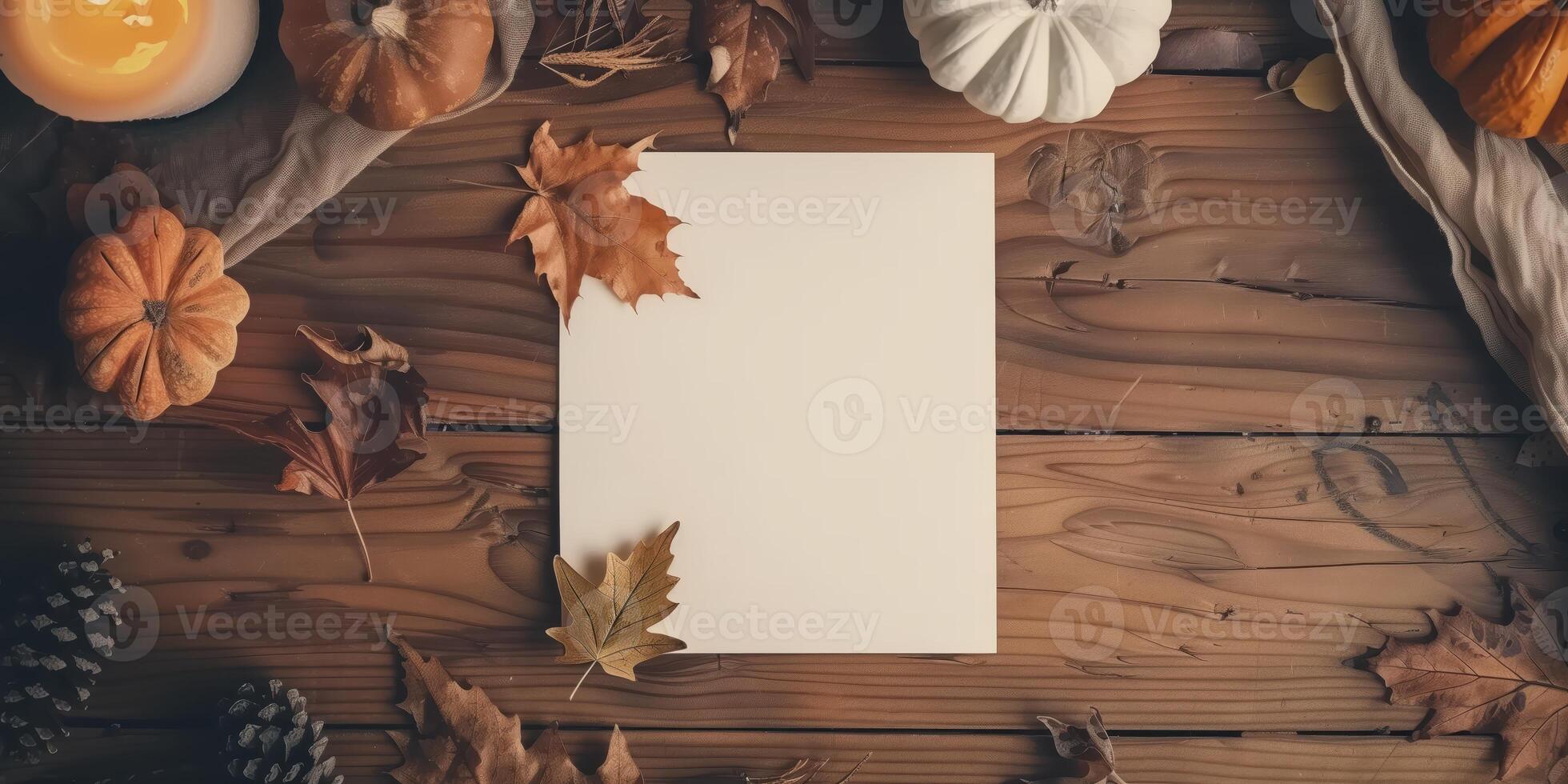 Autumn Blank Card Mockup with Fall Leaves and Pumpkins on Wooden Table photo