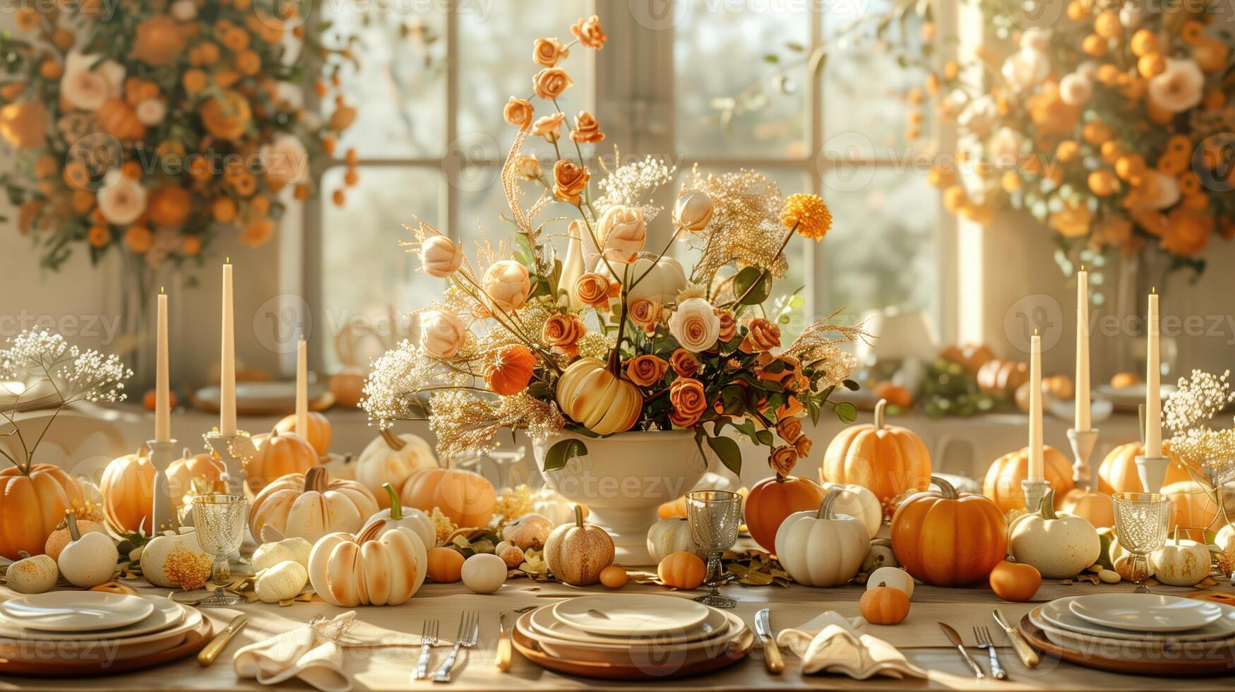 Elegant Thanksgiving Dinner Table with Pumpkins and Floral Centerpieces photo