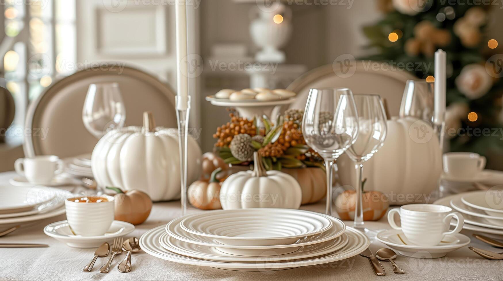Elegant Thanksgiving Dinner Table Setting with Pumpkins and Autumn Decor photo
