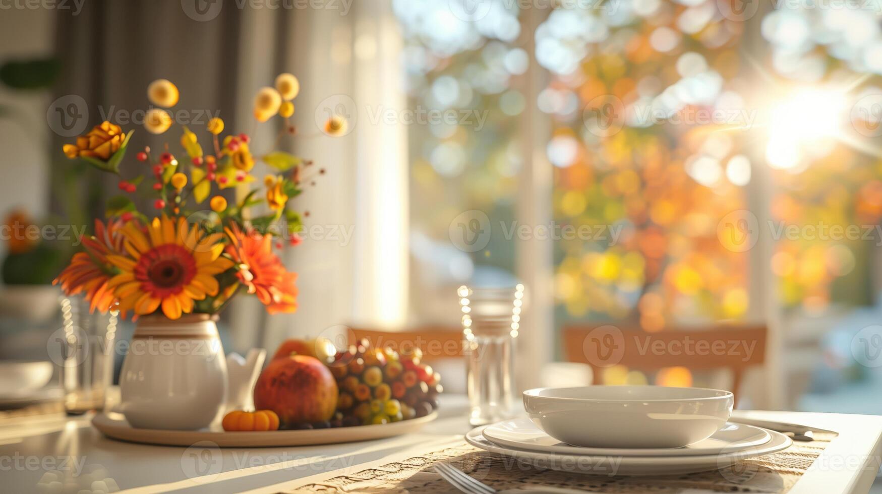 Elegant Autumn Table Setting with Floral Arrangement and Fruits in Sunlit Room photo