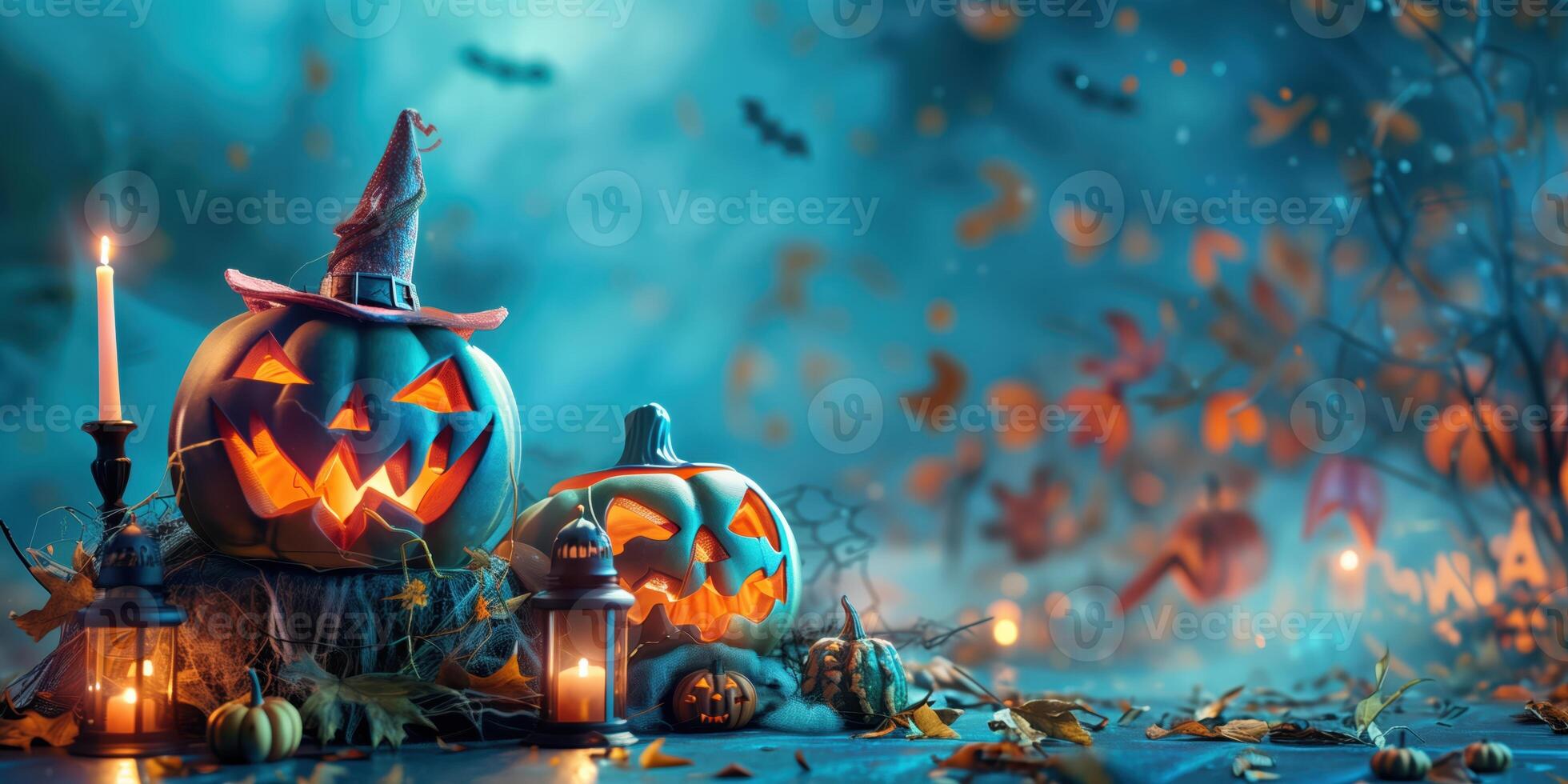 Halloween Pumpkins with Candle Lanterns and Witch Hat on a Spooky Blue Background photo