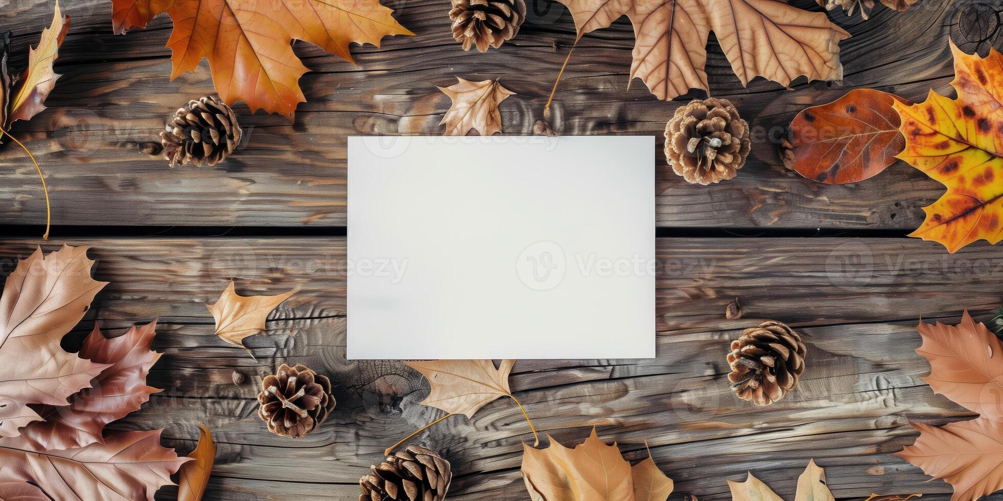 Autumn Mockup with Blank Postcard Surrounded by Fall Leaves and Pine Cones photo