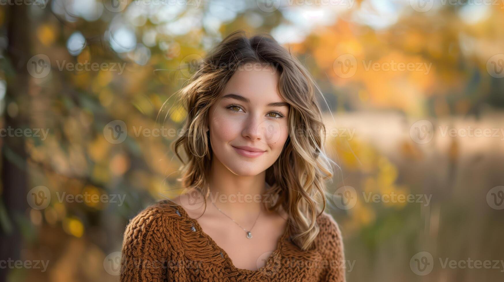 Portrait of a Smiling Woman in Autumn Setting with Golden Leaves Background photo