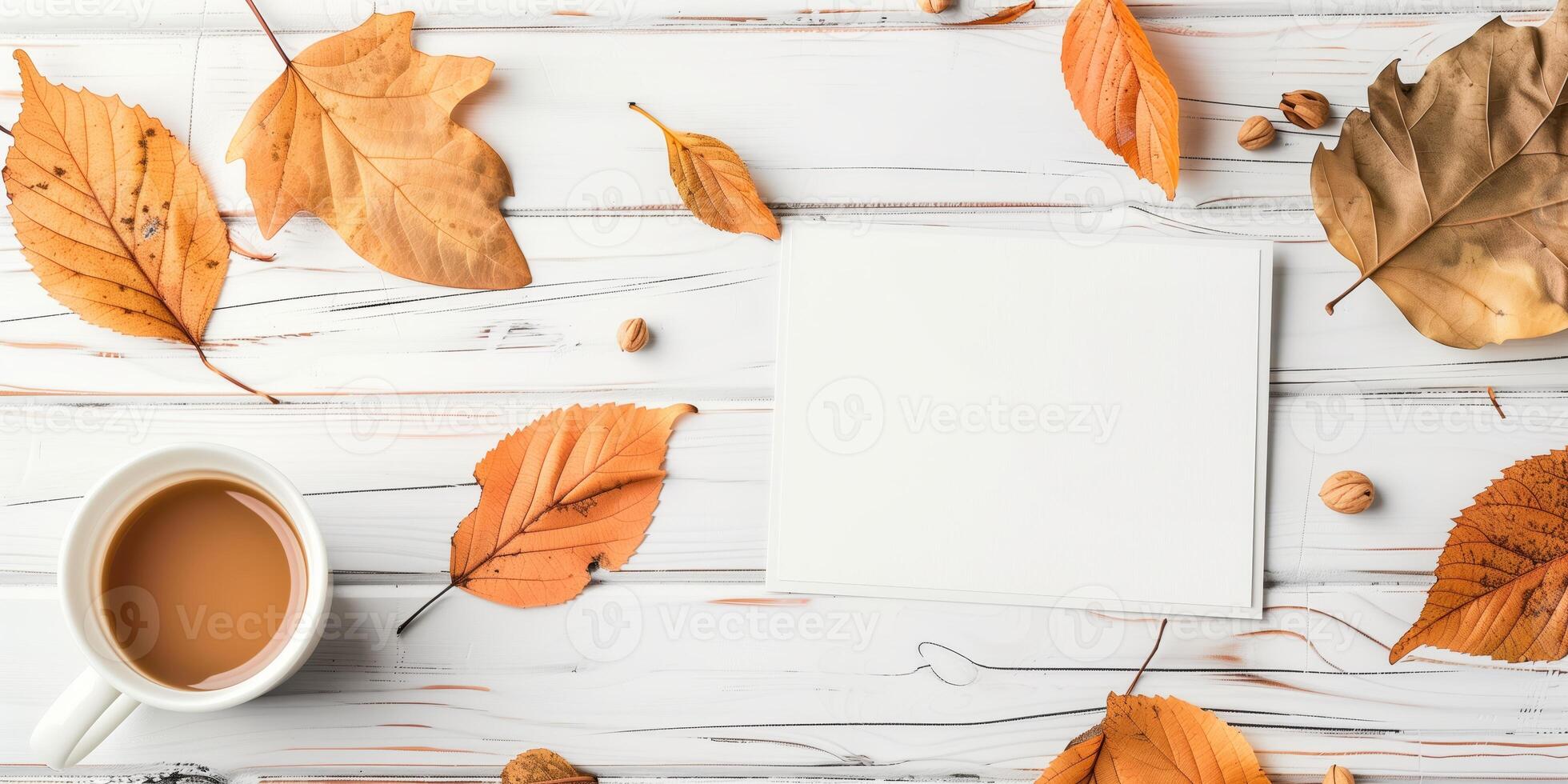 Autumn Mockup with Blank Card, Fall Leaves, and Coffee on White Wooden Table photo