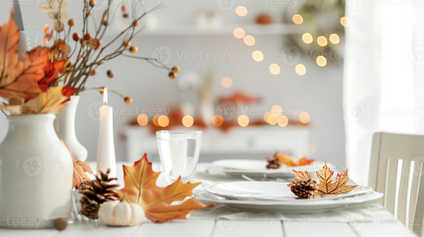 Elegant Autumn Table Setting with Fall Leaves and Warm Lighting Decoration photo