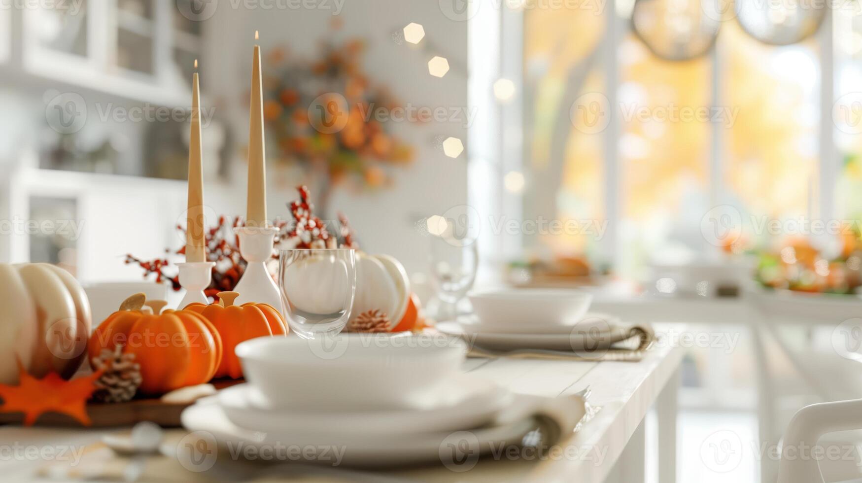 Elegant Autumn Table Setting with Pumpkins and Candles for a Festive Gathering photo