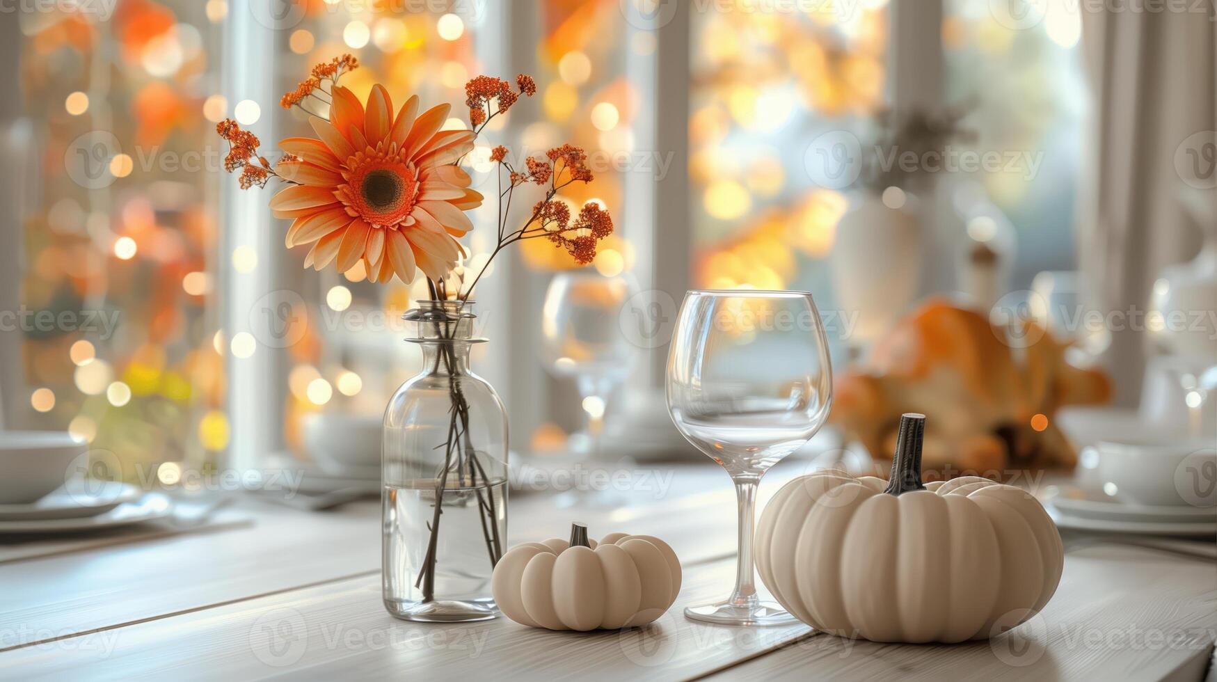 Elegant Autumn Table Setting with Flower Bouquet and Mini Pumpkins photo