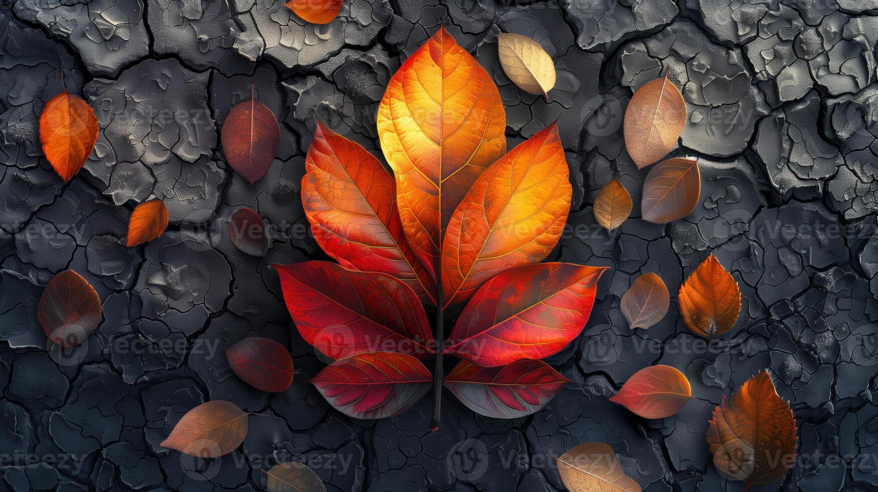 Fractal Leaf Composition Against Textured Bark Background in Autumn Colors photo
