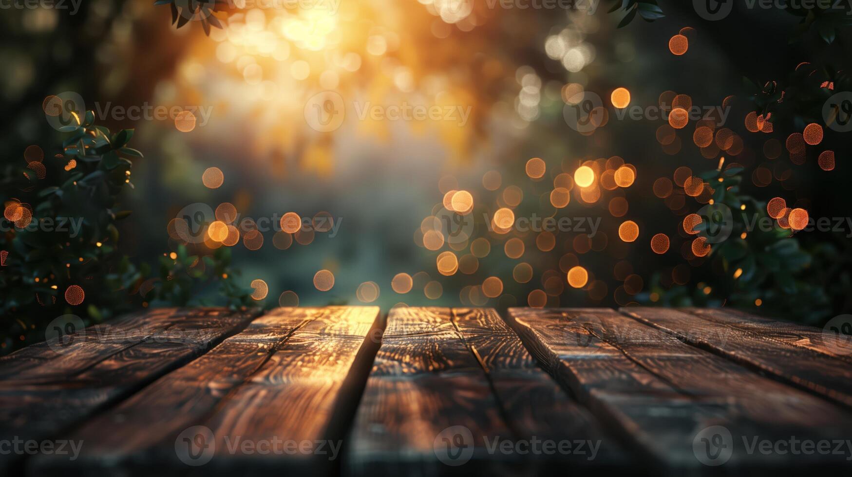 Rustic Wooden Table with Blurred Background and Warm Bokeh Lights in Nature photo
