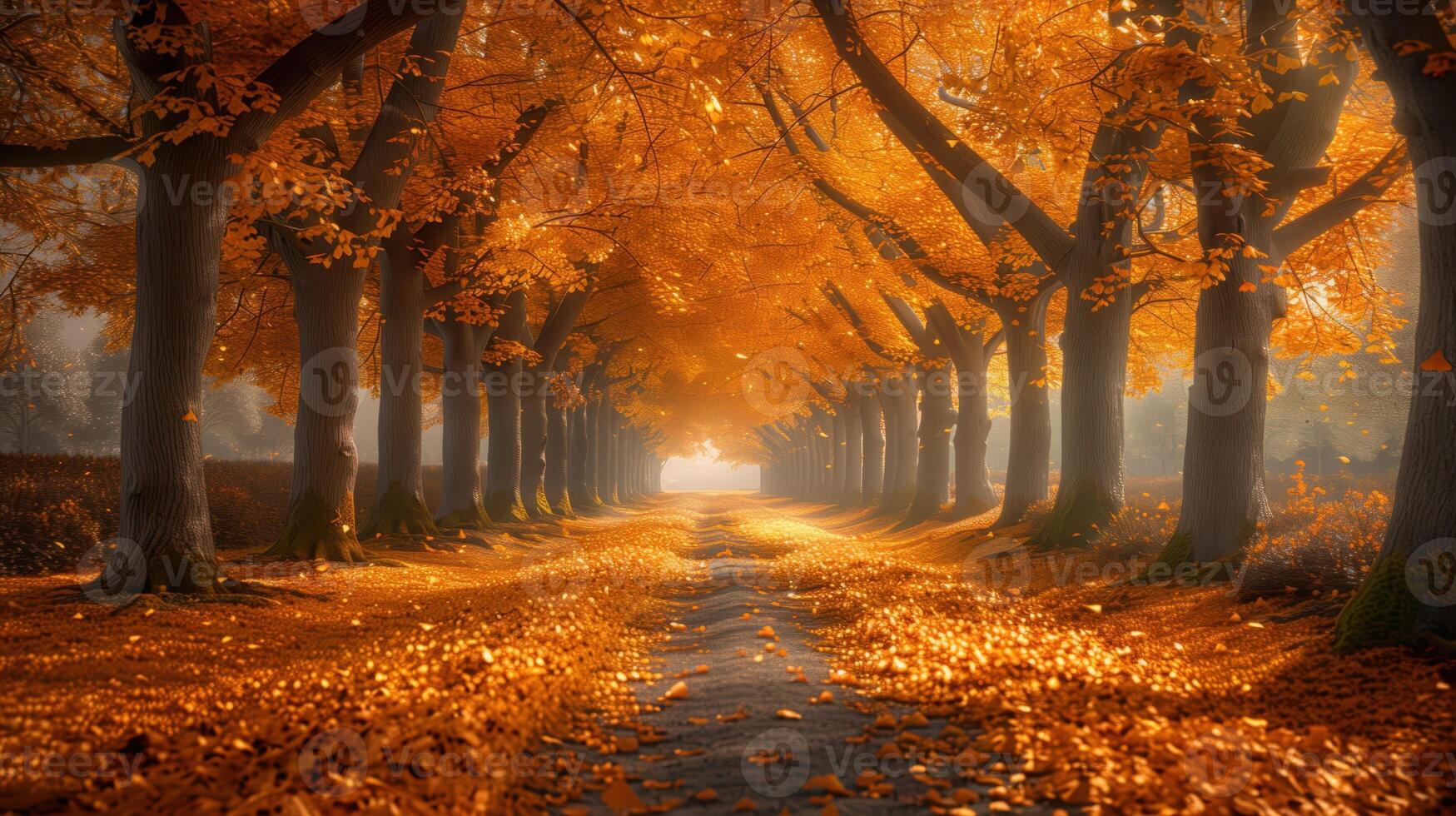 Enchanting Autumn Pathway Lined with Towering Ginkgo Trees Shedding Golden Leaves photo