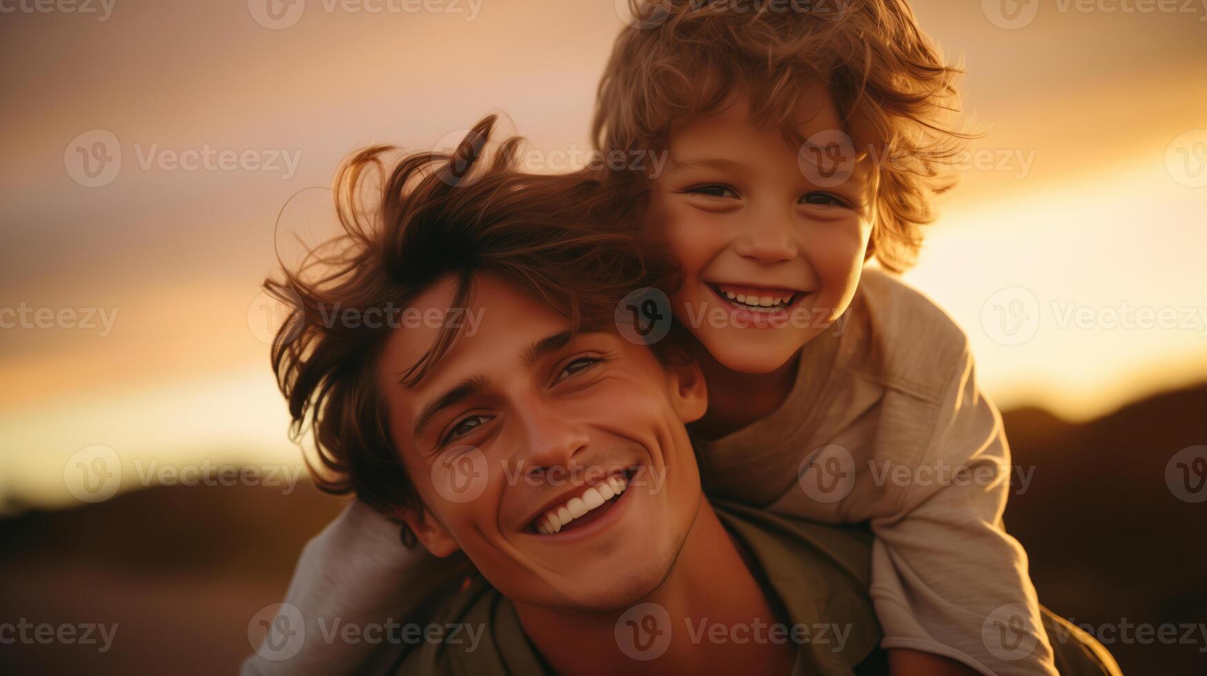 Close-Up of Happy Father and Son Bonding at Sunset Outdoors photo