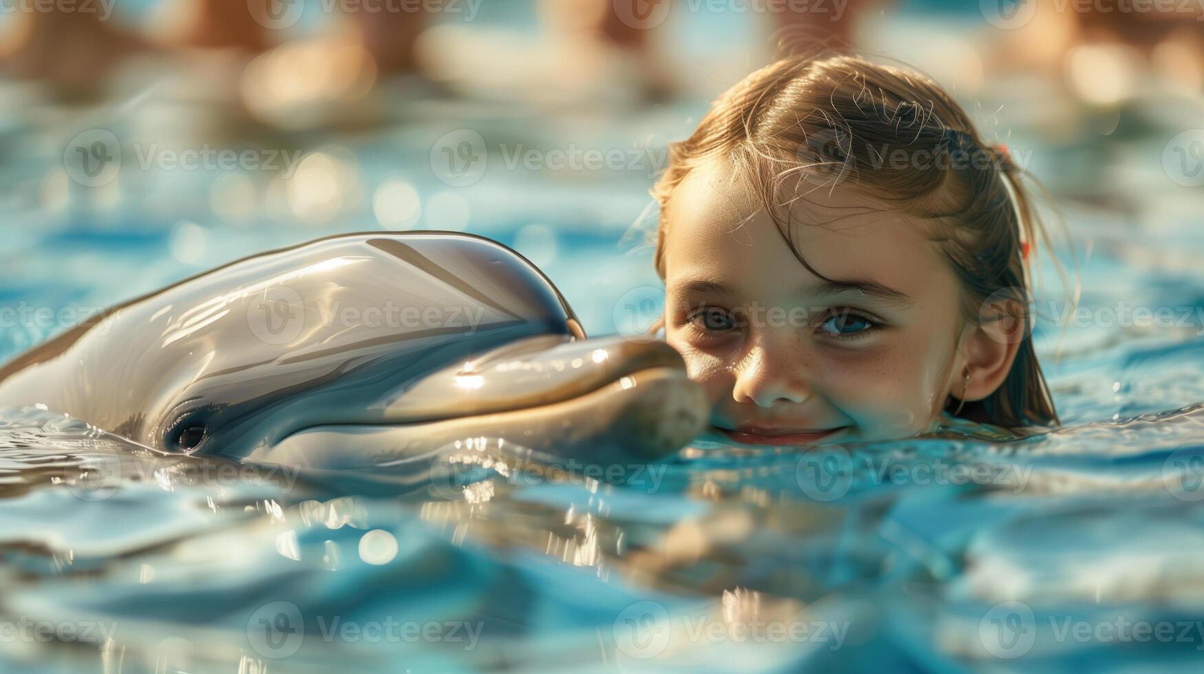 Young Girl Enjoying Dolphin Therapy Session in a Pool on a Sunny Day photo