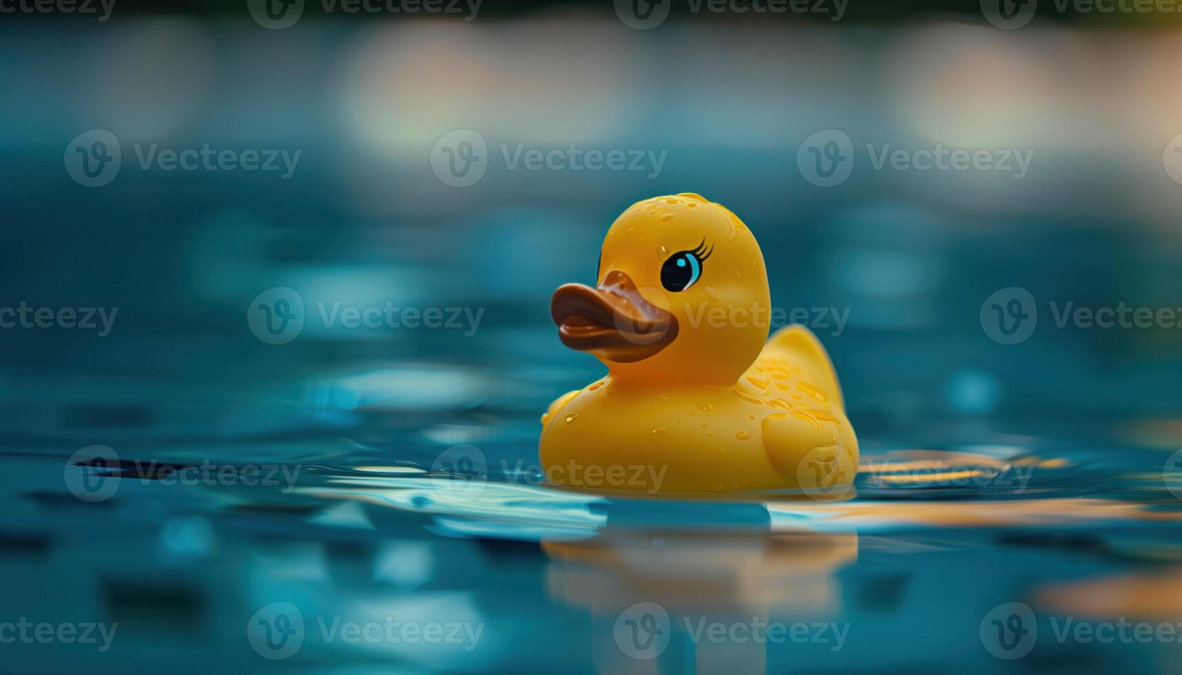 Close-Up of Yellow Rubber Duck Floating in Pool With Dark Background photo