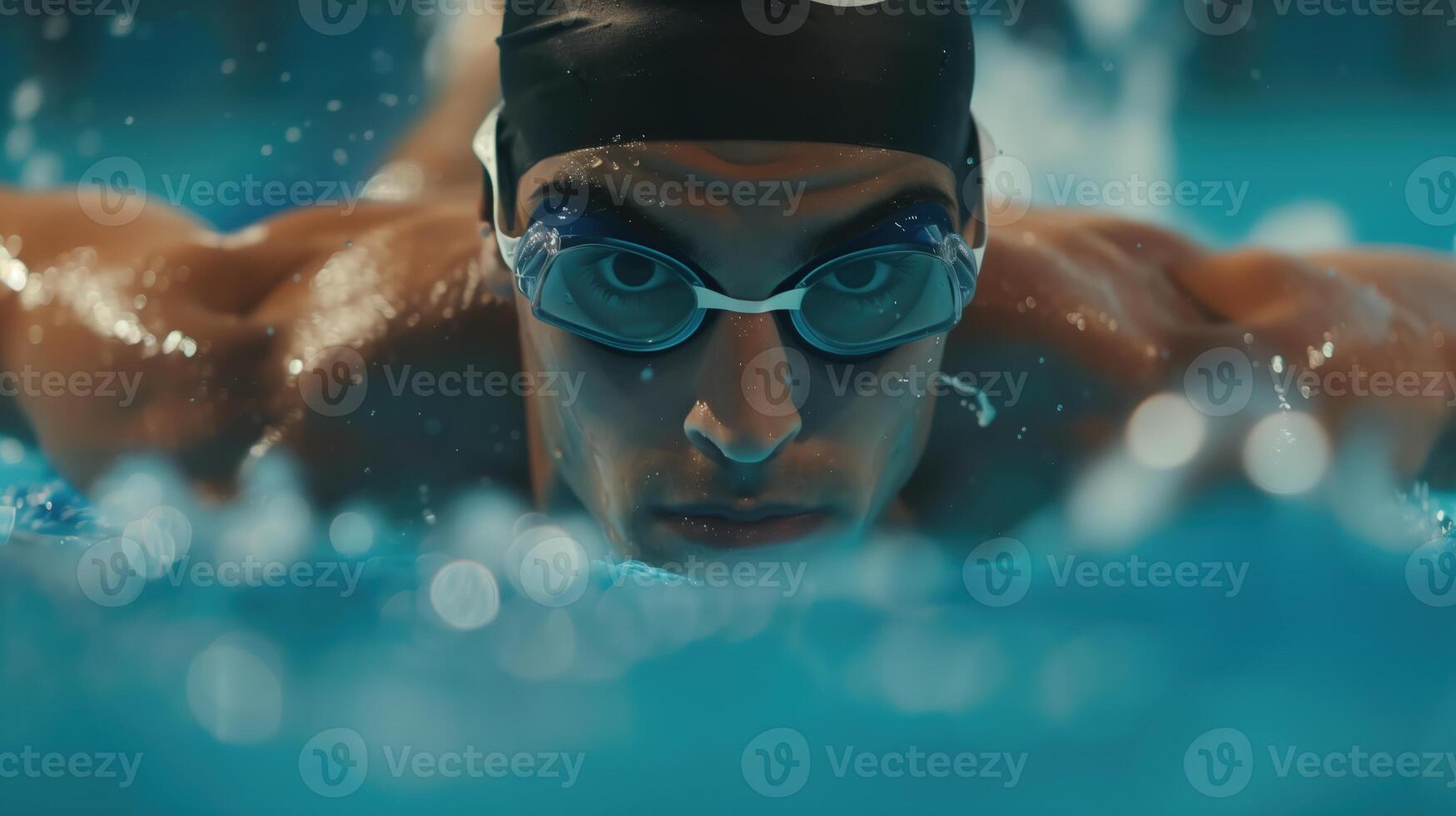 Close-Up of Male Athlete Swimmer Competing with Intensity and Focus photo