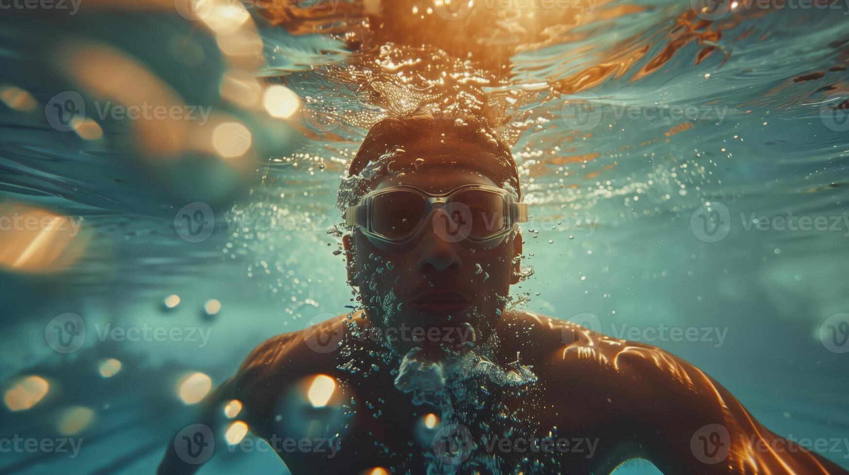 Underwater View of a Swimmer In Mid-Stroke with Goggles in Crystal Clear Water photo