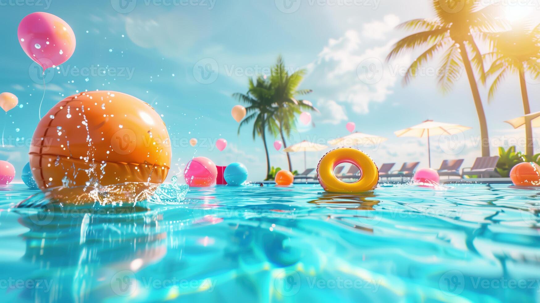 Vibrant Poolside Celebration With Colorful Balloons and Floats on a Sunny Day photo