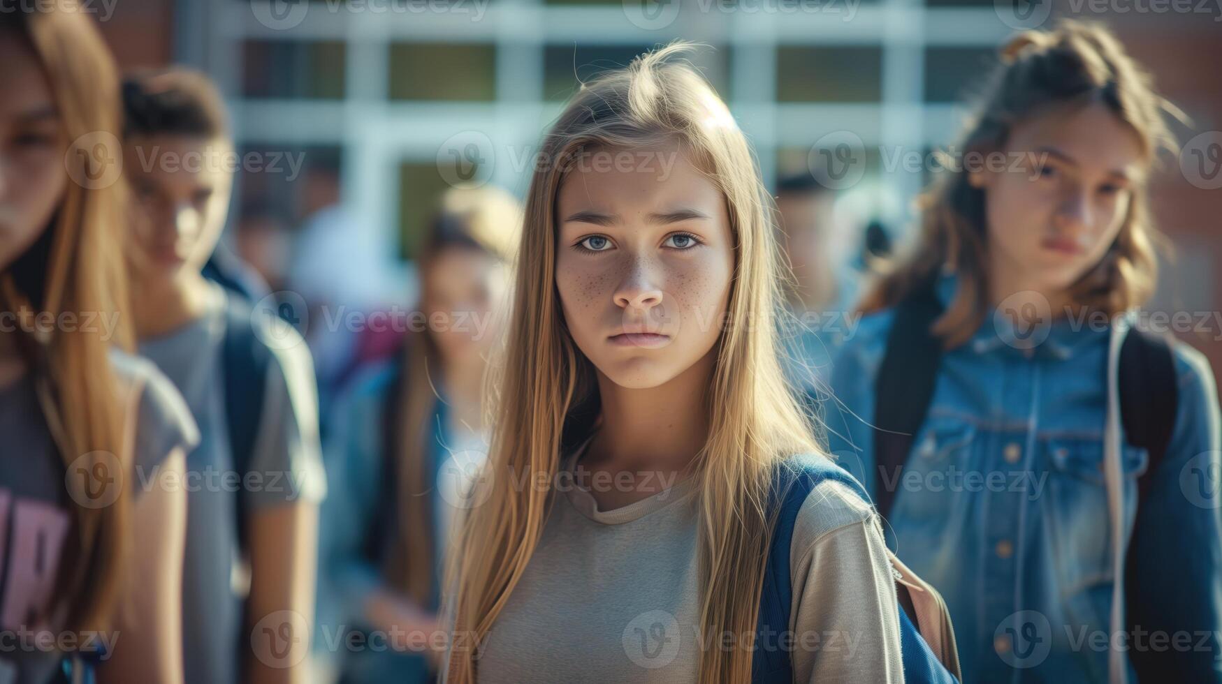 Gloomy School Life Group Of Teenagers Showing Emotions in School Yard photo