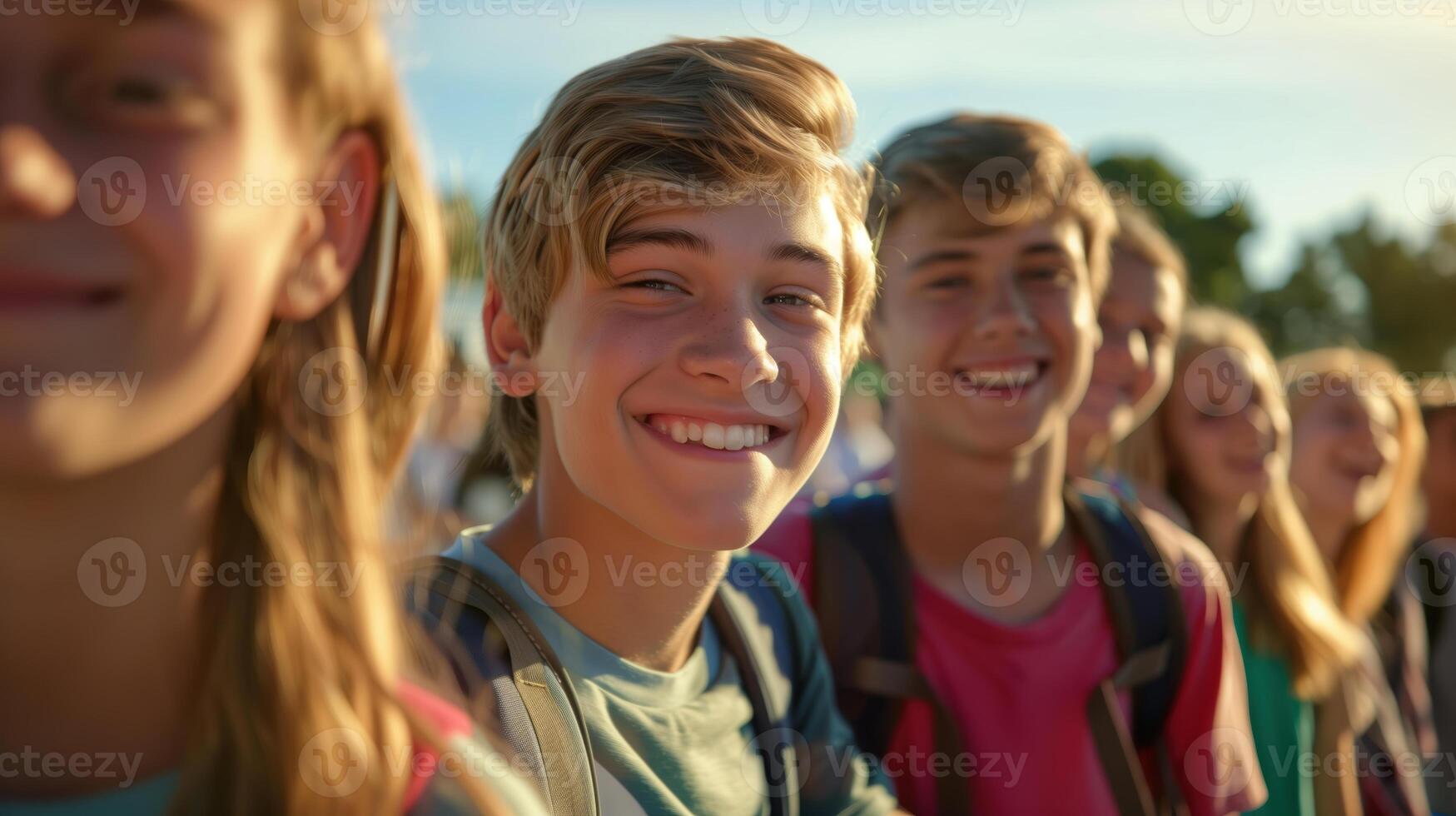 Happy Group of Teens Enjoying Time Together in School Yard photo