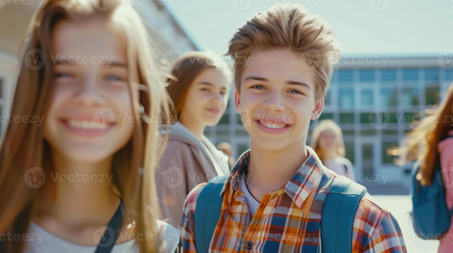 Happy Group of Teens in School Yard Enjoying Sunny Day photo