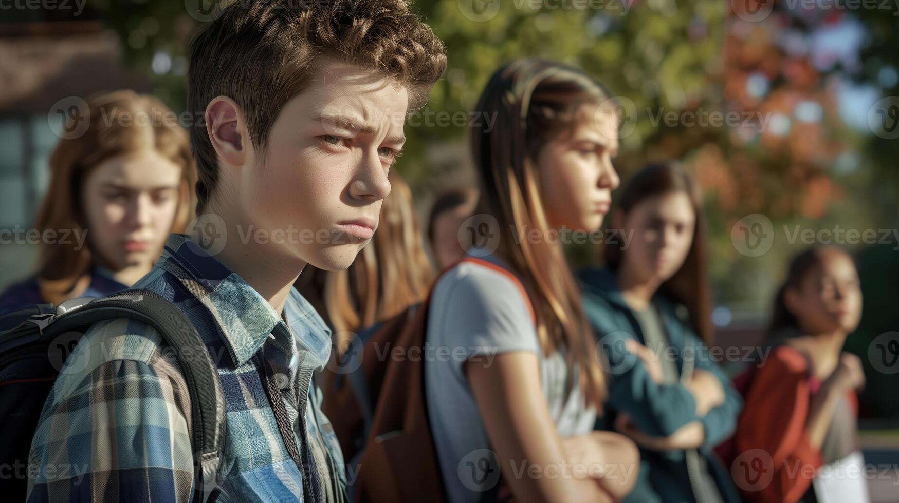Gloomy Group of Teens In School Yard Expressing Concerns and Emotions photo