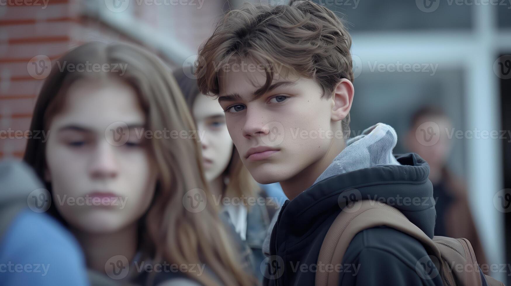 Gloomy Group of Teenagers in School Yard Conveying Emotions of Adolescence photo