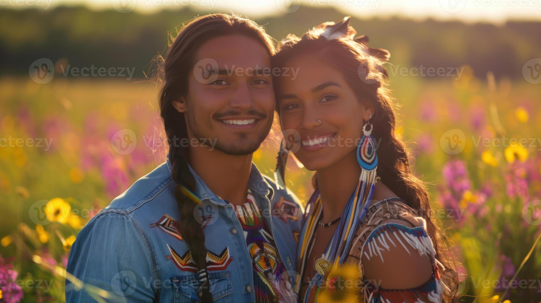 Happy Couple in Traditional Attire Enjoying a Bright Sunny Day in a Flower Field photo