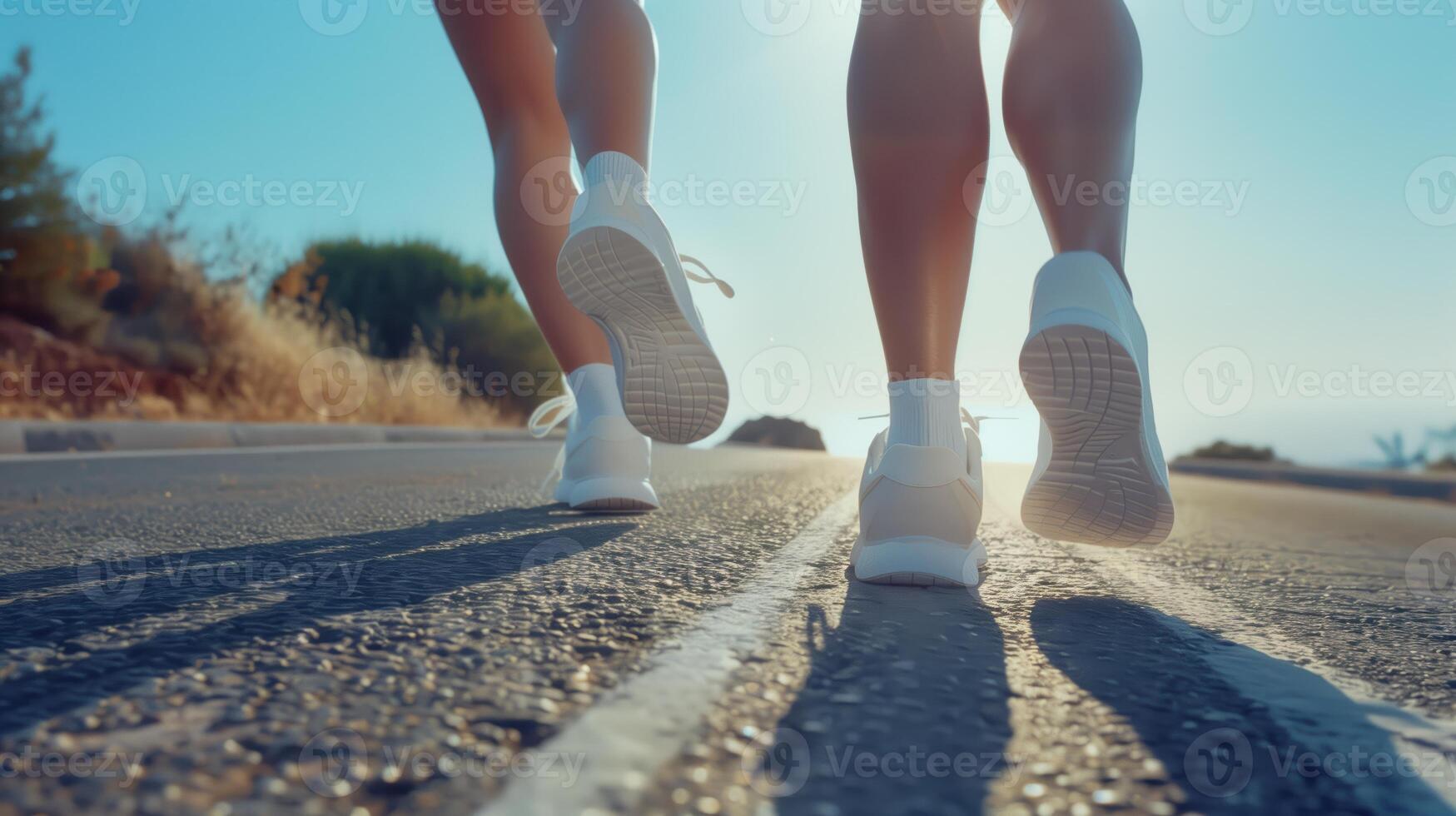 Close-Up of Two People Jogging On A Sunny Day Down An Open Road photo