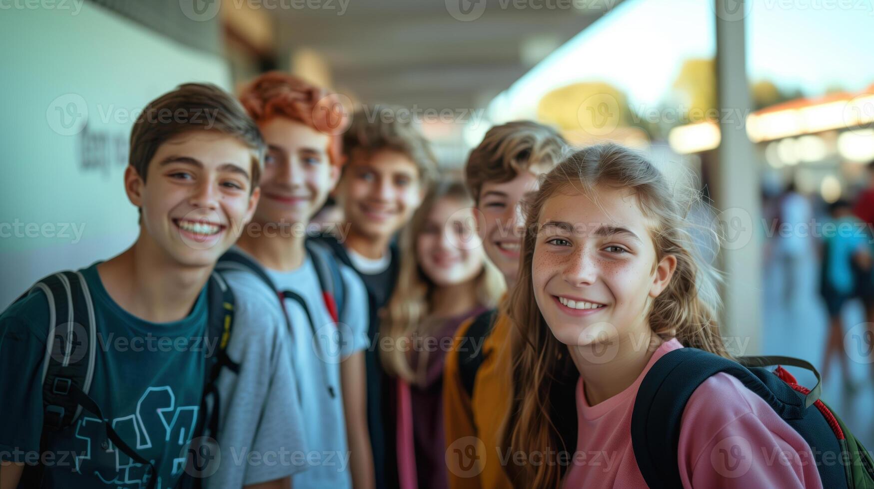 Group of Happy Teenagers Smiling and Standing Together in School Yard photo