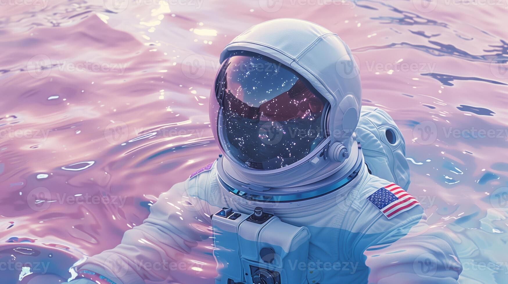 Hyperrealistic Fantasy Space Astronaut Floating in Water with Cosmic Reflection photo