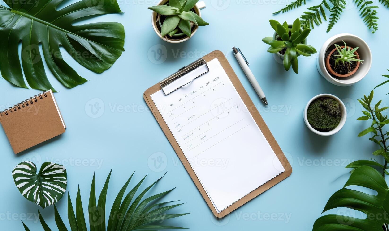 Minimalist Office Desk with Clipboard and Plants on Blue Background photo