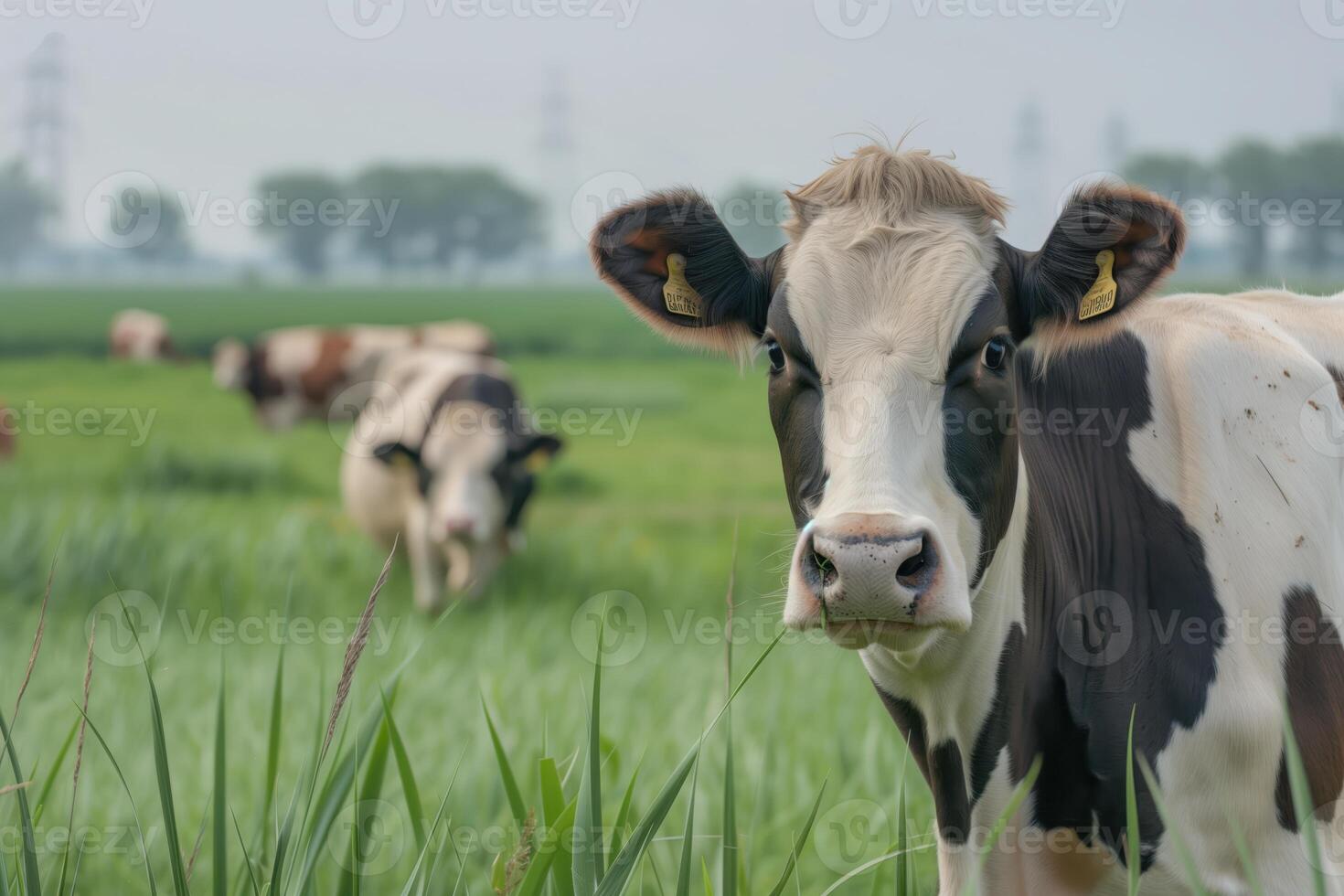 Holstein Cows Grazing in Green Pasture on a Dutch Farm photo