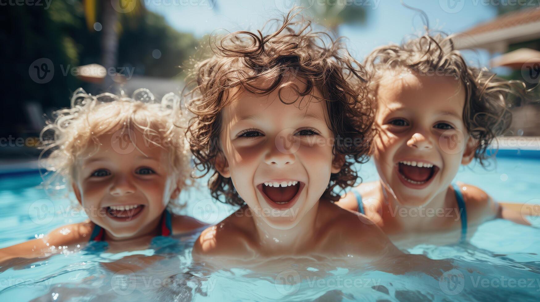 Three Happy Kids Playing in a Swimming Pool on a Sunny Day photo