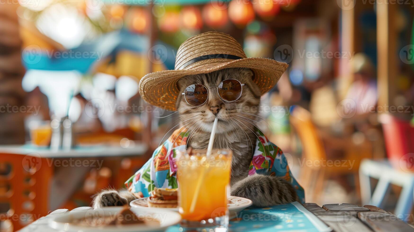 Cool Cat Enjoying a Summer Drink at a Vibrant Outdoor Cafe in a Straw Hat and Sunglasses photo