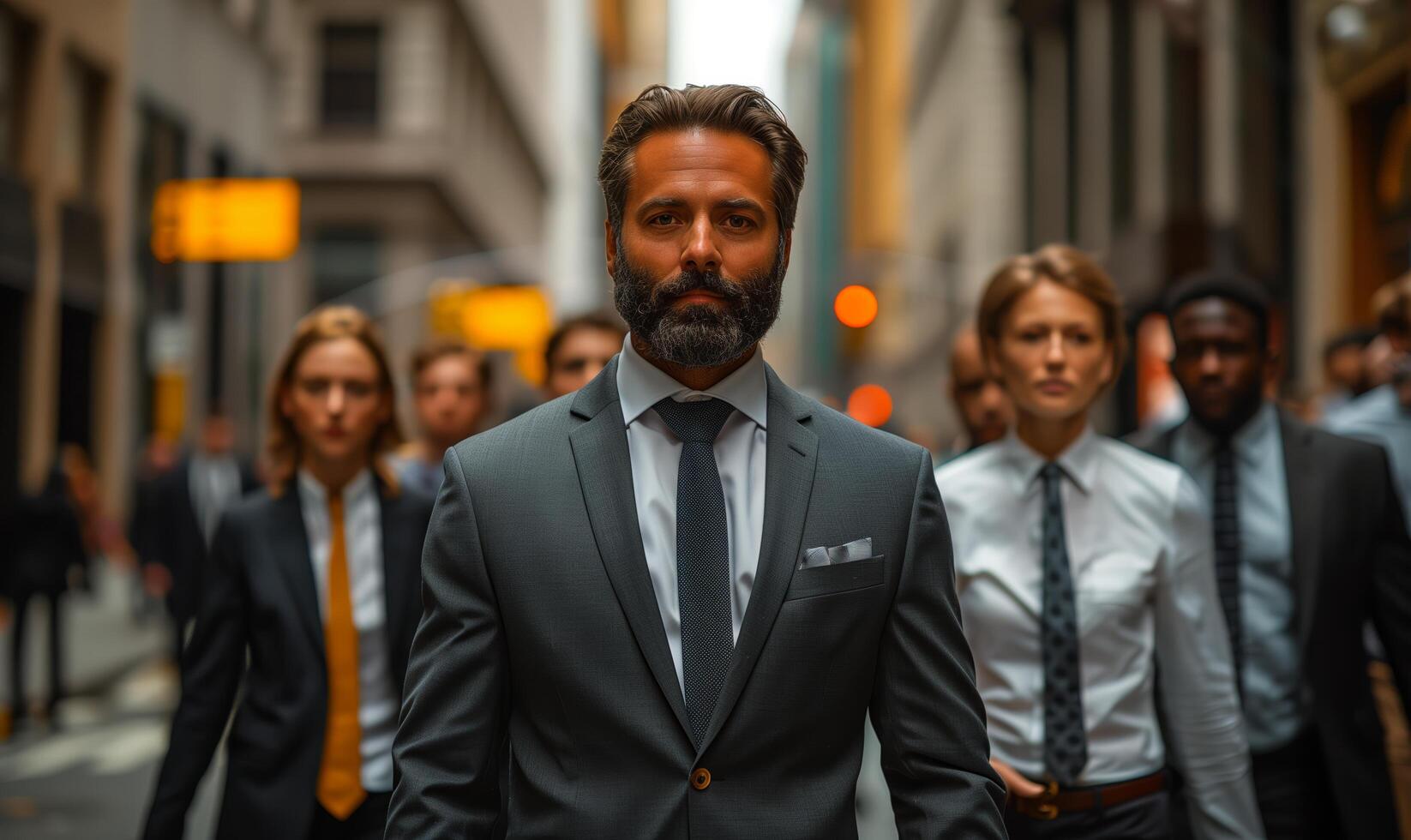 A team of interracial business people in suits walking among business buildings in urban city photo